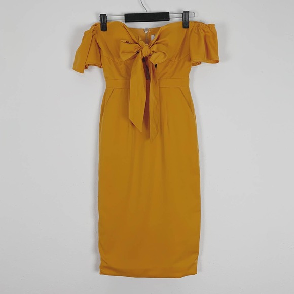 Elegant Yellow Off-Shoulder Midi Dress - Picture 2 of 7